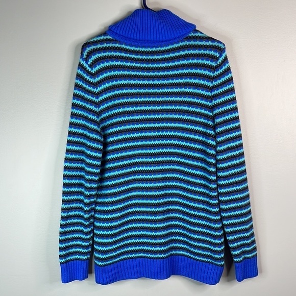 TALBOTS Lambswool Stripe Turtleneck Knit Sweater Cornflower Blue Chunky Prep M - Picture 6 of 10